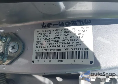 2010 Honda Accord 2.4 Lx из США, поврежденный, VIN 1HGCP2F3XAA085819